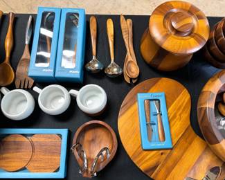 Nambe decor, including wooden salad bowl + servers, trivets, ladle, cookware + French press; many items new in box