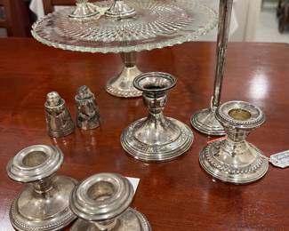 Sterling Cake Plate, Egg Cups and Candle Sticks