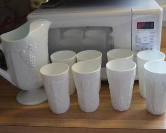 Milk Glass Pitcher and 8 Glasses