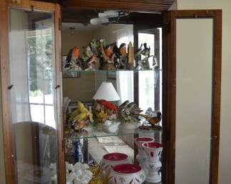 Curio with Gorham Birds and other items