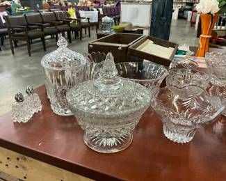 Crystal Salt & Pepper Shakers - Crystal Biscuit Jar - Pressed Glass Candy Dish w/Lid -Mikasa Christmas Night Glass Footed Bowl