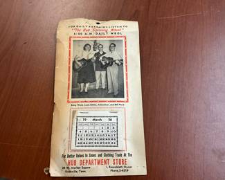 1956 Calendar for The Hub Department Store in Knoxville TN