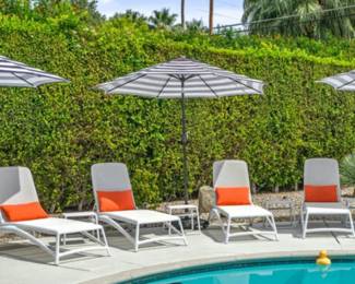 6 - White Nardi Chaise Longes, 4 - Small Nardi Pop Bianco Resin Side Table with Tray, 4 - Patio Umbrellas & Stands