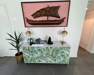 Mid Century Witco Tiki Outrigger Ship wall art. Brass Pot w/ stand & Artificial Plant, Walker Edison Fehr 4 Door Buffet, 58 Inch, White