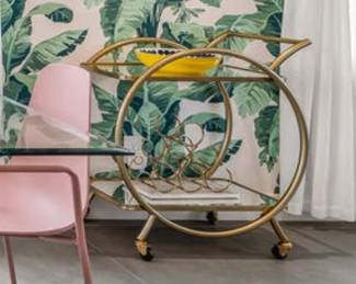 1 - Large Mirror - Round, 1 - Brass/Glass Bar Cart