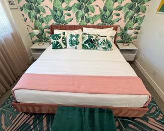 Monstera "Miami" rug (Ruggable), Nectar King Mattress, 2 - Green velvet Ottoman / gold legs, Brass Gold Orb Bedside Lamps, 2 - White night stands w/ drawer, King Size Pink Velvet Bed