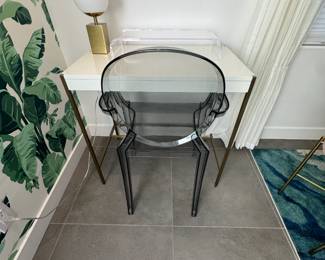 1 - Ghost Chair, 1 - Zane Mini Desk (West Elm), 1 - Small Desk Lamp