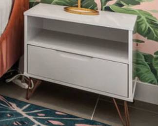 2 - Matching White Nightstands w/ Drawer, 2 - Brass Gold Orb Bedside Lamps