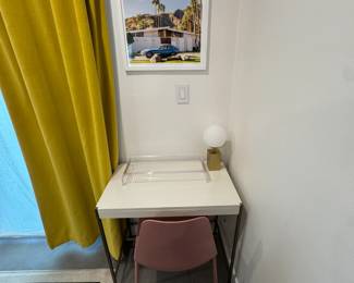 1- Zane Mini Desk (West Elm), 1 Palm Springs Wall Art, 1 - Small brass desk lamp