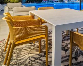 White Farrah Dining Table, 6 - Yellow Nardi Dining Chairs