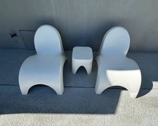 2 - Angel Outdoor Lounger Chairs, 1 small white side table