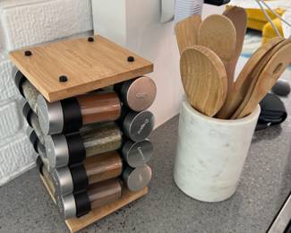 Spice Rack, Wooden Utensils, Marble Utensil Holder
