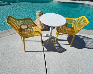 2 - Yellow Farrah Armchairs & Small white Spritz Outdoor Bistro Table