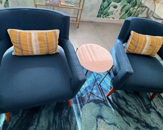 2 - Blue Armchairs with Throw Pillows, 3 - Silicus Pink Side Tables (Article)