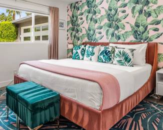 Pink Velvet King Size Bed, Nectar King Mattress, 2 - Green velvet Ottoman / gold legs, Misc bedding/pillows