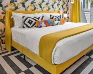 Yellow King Size Bed, 8x10' Jonathan Adler Op Art Charcoal Rug (Ruggable), 1- Nectar King Mattress