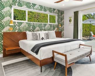 Near Walnut King Bed with Nightstands (Article), 1 - Nectar King Mattress, 8x10' Absida Sage Rug (Ruggable), Mid century Bench, Brass Wall Lamps