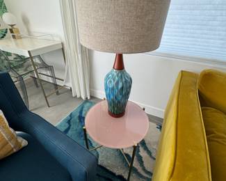 3 - Silicus Pink Side Table (Article), 1 - Ceramic Blue Teal Glaze/Wood MCM Table Lamp, Ocean Rug