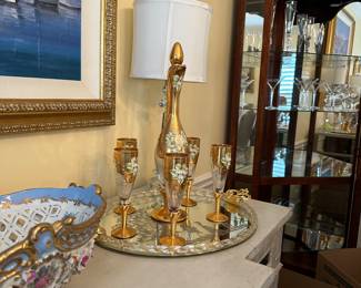 Hand painted Murano glass champagne flutes and decanter