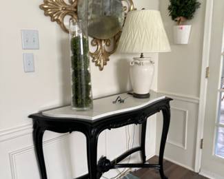 Refurbished black laquer Italian console with Carrera white marble top
