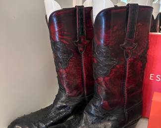 Cherry leather ostrich cowboy boots