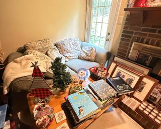 Sleeper Couch, Coffee Table, Coffee Table Books, NASCAR Books, Christmas Decor, Picture Frames, Decorative Candles, Scented Candles