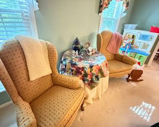 Matching Armchairs, Small Table,Art Glass, Curtains, Children's Toys