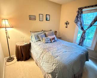 Twin Bed, Standing Lamp, Side Table w/ Glass Top, Wall Art, Curtain Hangers