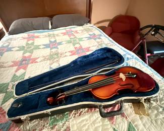 Violin and Bow w/ Case and Extra Strings, Small Armchair