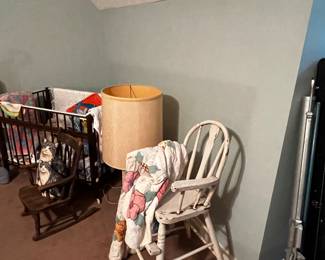 Baby quilt, antique high chair 