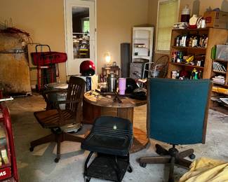 Wooden spools, motorcycle helmets, vtg office chairs 