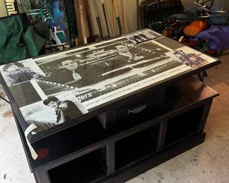 Swivel glass top table with drawer and storage 