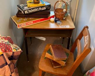 Vintage games, school desk, chair, partially finished quilts
