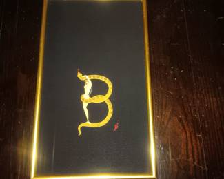 Erte framed silk alphabet scarf "B" Merrill Chase gallery sticker