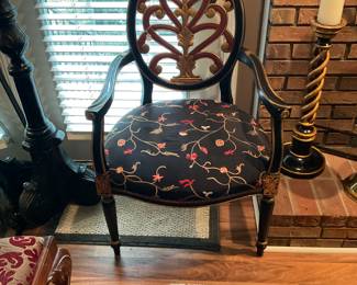 BEAUTIFUL PAIR OF RED AND BLACK DESIGNER CHAIRS WITH EMBROIDERED FABRIC