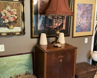 BRASS TABLE , VINTAGE STEREO CABINET (no contents), LAMPS SEWING CABINET