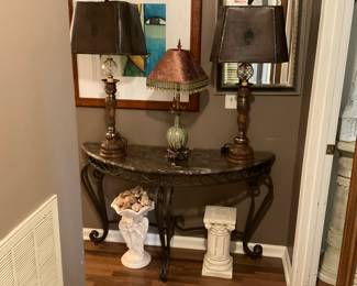 MARBLE TOP TABLE, ORIGINAL ART, LAMPS