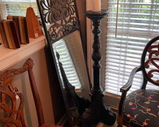 PEDESTAL CANDLE HOLDER, WROUGHT IRON MIRROR 