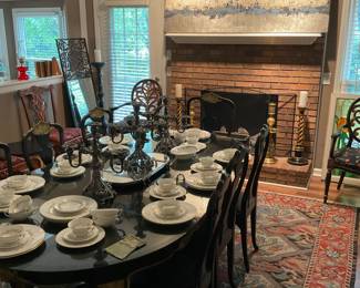NORWEGIAN BLACK TABLE WITH GOLD ACCENTS, 8 CHAIRS