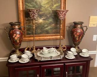 BUFFET WITH URNS AND ORIGINAL ART