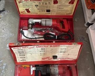 2162  Milwaukee Sawzall with Blades and Right Angle Drive Drill with Acce... 
