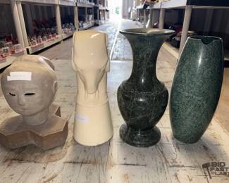 8414  Terracotta Head Figure, Ram Figure, and Vases 