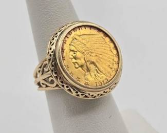 702  14k Gold Ring with 1912 $2.50 Gold Indian Head Coin, 10.2g 