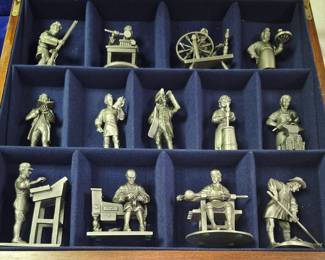 Much pewter, silverplate and sterling. Franklin Mint "The People of Colonial America" pewter figurines set in original case
