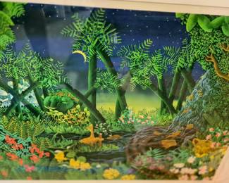 Much framed artwork. "Jungle" by L. (Linda) Messier 91/250