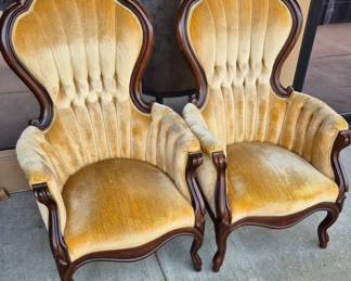 Matching Victorian mahogany upholstered parlor chairs