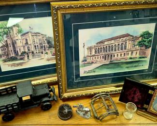 Cast iron toy truck, flower frogs and traps