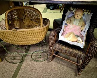 Vintage children's items. Wicker rocker and "As Is " wicker doll stroller