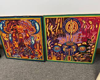 Mexican String Art on wood. 20 x 20 ish. Trippy writing in Spanish on back. Pair $80.00