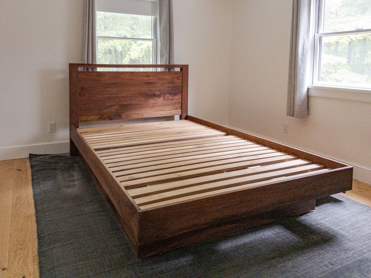 Solid queen walnut platform bed, with four drawers of storage underneath
